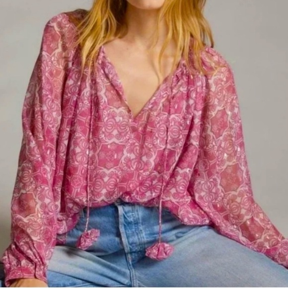 Anthropologie Let Me Be Pink Sheer Puff Sleeve Peasant Blouse Small - Picture 6 of 6